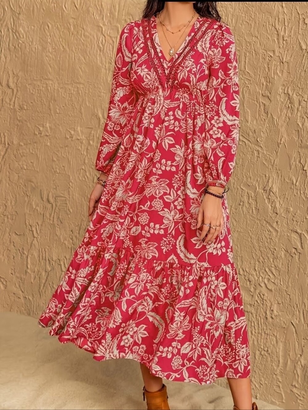 Floral V-Neck Long Sleeve Maxi Dress - Pink - Picture 8 of 11